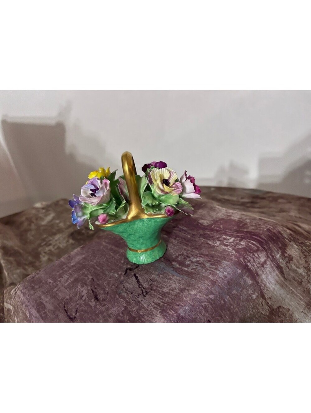 Vintage Crown Staffordshire Bone China Flower Basket Figurine • Cottagecore